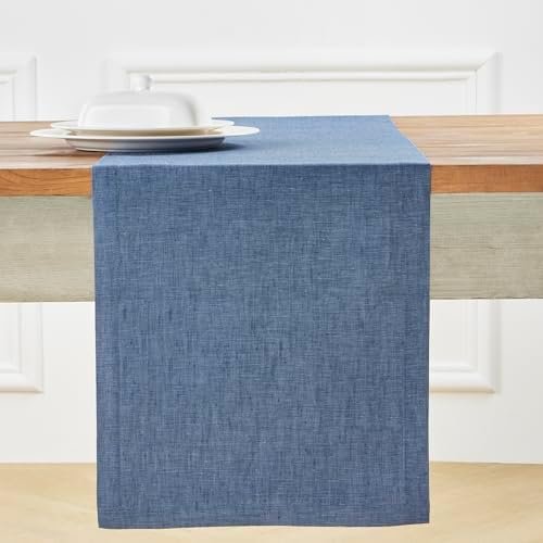 Solino Home 100% Pure Linen Table Runner Blue Denim, Athena 14 x 132 in