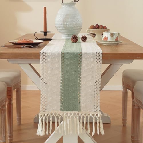 Niviy Sage Green Table Runner 90 Inches Long with Tassels, Seasonal Spring Summer Washable Embroidered Striped Braided Green and Beige Boho Table Runners for Holiday Party 12 x 90 Inches