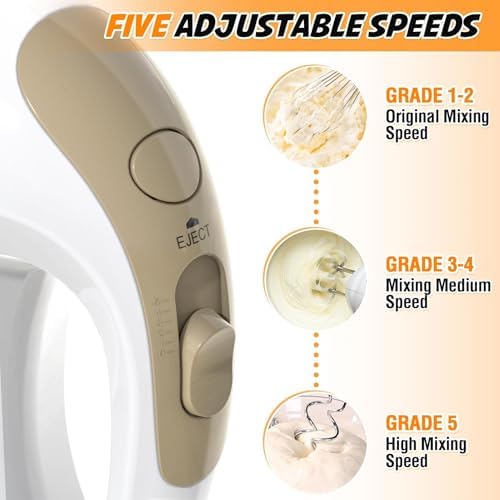 Showvigor Electric Hand Mixer with 5 Stainless Steel Whisks,5 Speed,White2