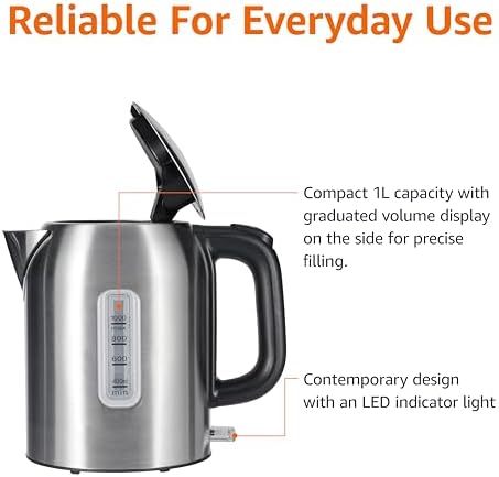 Amazon Basics Electric Kettle, Tea Kettle & Water Boiler with Auto Shut-Off, Boil Dry Protection, Strix Thermostat, BPA-Free, 1500W, 1.1Qt (1L), Stainless Steel, New Model, Black & Silver - Image 2