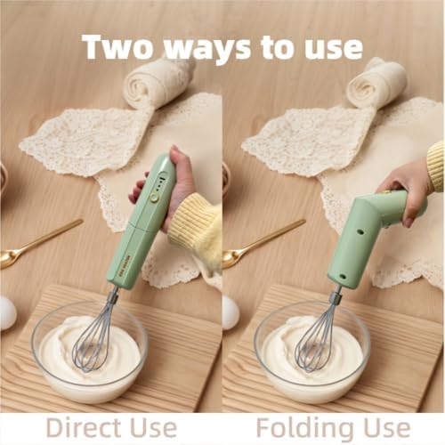 Cordless Hand Mixer, Foldable Design Handheld Electric Whisk with 3 Speed Modes, Hand Held Egg Beater with 2 Detachable Stir Whisks (Green)