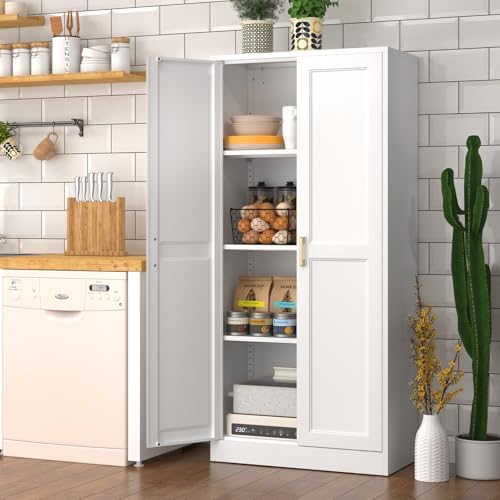 Polup 60" White Metal Kitchen Pantry Storage Cabinet with Doors and Shelves