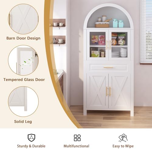 KEIKI 71" Tall Arched Kitchen Pantry Cabinet with Glass Door,Drawer,Farmhouse Storage with Adjustable Shelves Design for Kitchen,Living & Dining Room