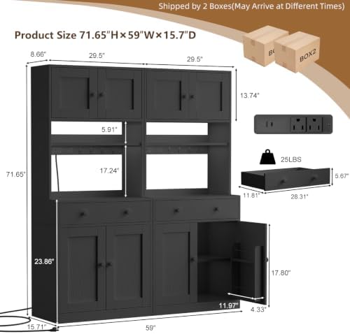 71" Tall Kitchen Pantry Cabinet with Microwave Countertop, LED Lights Black