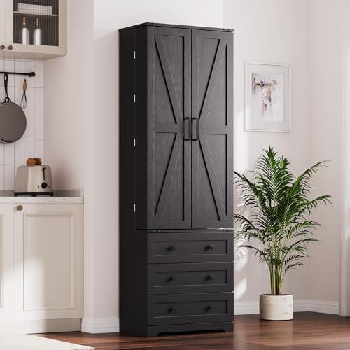 IDEALHOUSE Farmhouse Kitchen Pantry Cabinet - 72" Tall Large Wood Kitchen Storage Cabinets with Adjustable Shelves & 2 Barn Doors & 3 Drawer, Versatile Storage for Dining Room, Bathroom, Living Room