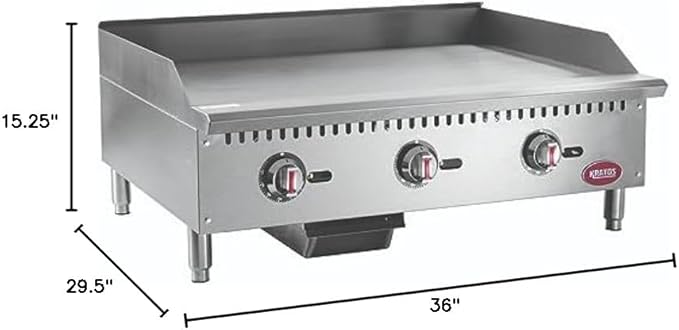 Kratos 36" Wide Commercial Restaurant Gas Countertop Griddle, Thermostatic Controls, 3 Burners, 90,000 BTU Output (29Y-008)