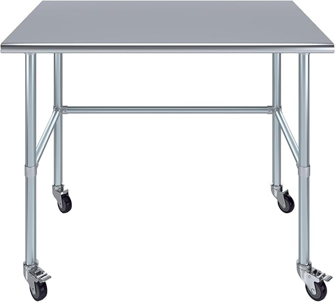 Stainless Steel Work Table with Open Base & Casters | Mobile Commercial Metal Work Bench & Prep Station | Heavy Duty Utility Table (48" Long x 30" Deep)