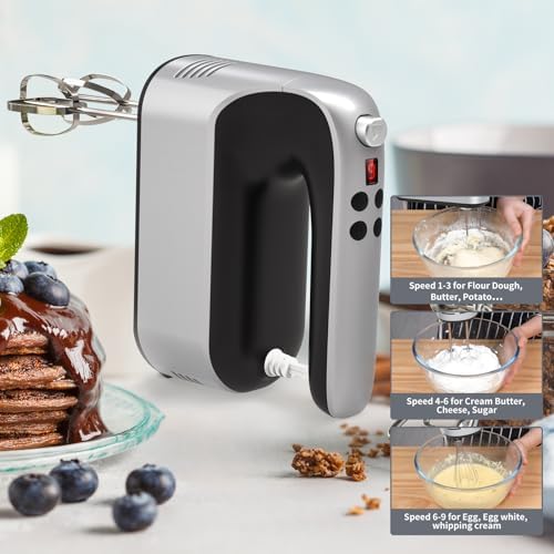 Yomelo 9-Speed Digital Hand Mixer Electric, 400W Powerful DC Motor, Hand Mixer Electric Handheld with Snap-On Storage Case, 5 Stainless Steel Accessories, Beaters, Dough Hooks, Whisk(Silvery Black)