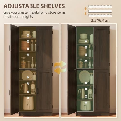 HOMCOM 67" Freestanding Kitchen Pantry 4-Door Cabinet Distressed Brown
