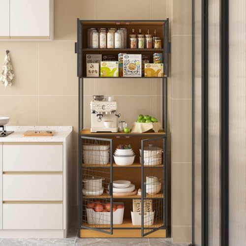 VECELO 72in Tall Kitchen Pantry Cabinet with Doors and Shelves, Large Freestanding Storage Cupboard with Countertop Hutch, Oak