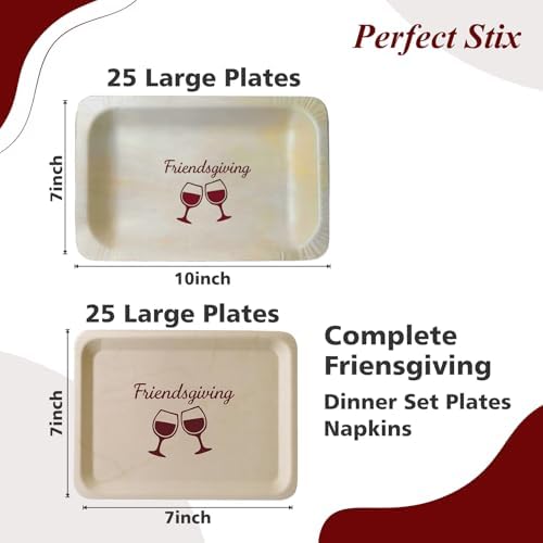 Perfect Stix Friendsgiving Plates and Napkins Set – 25 Large 10-Inch & 25 Small 7-Inch Eco-Friendly Wooden Plates with 50 Burgundy 2-Ply Dinner Napkins –Thanksgiving & Friendsgiving Gatherings