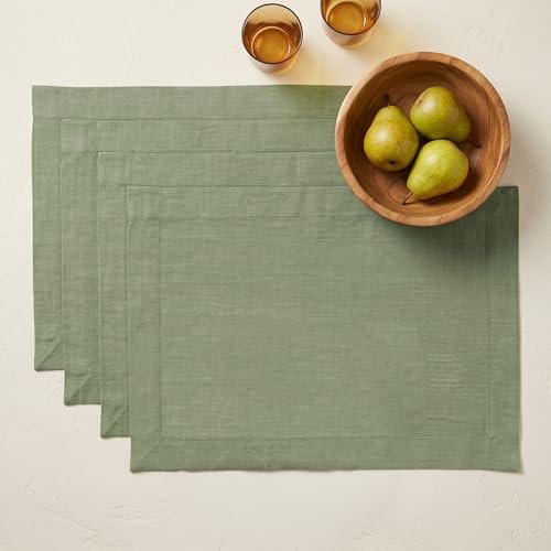 Solino Home 100% Pure Linen Placemats Oil Green, Fete 14 x 19 in, Set of 4
