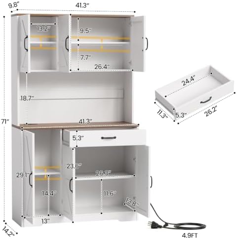 GRUSIGN 71" Pantry Cabinet with Charging Station, Large Capacity Kitchen Hutch Storage Cabinet, Kitchen Cabinet with Microwave Stand, Storage Drawers & Adjustable Shelves for Dining Room, White