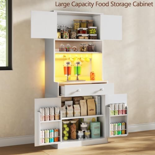 71" Tall Kitchen Pantry Cabinet with Microwave Countertop, LED Lights White