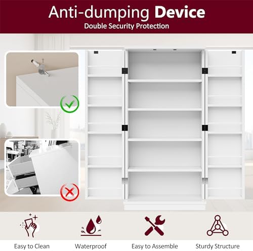 SUNLEI 47" Kitchen Pantry Storage Cabinet, Modern Freestanding Pantry Storage Cabinet with Adjustable Shelves, Buffet Cupboards Storage for Kitchen, Dining Room, White