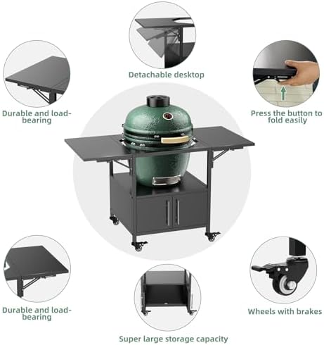 KEIKI Outdoor Grill Table for Big Green Egg, Metal BBQ Cart with Wheels and Dual Folding Side Shelves, Fits Large Green Egg and Kamado Joe Jr, Rolling Prep Station for Patio Cooking