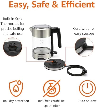 Amazon Basics Electric Kettle with Glass Carafe for Tea and Coffee, Fast Boiling, Auto Shut-Off, Boil-Dry Protection, Temperature Control, Removable Filter, 1 Liter, 1500W, BPA-Free - Image 3