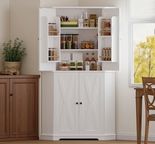 IRONCK Corner Cabinet, 72" Farmhouse Pantry Storage Cabinet, White