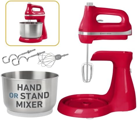 West Bend Two Sweet 2-in-1 Hand & Stand Mixer, 11 Speeds with Turbo Boost, 4.4 Qt Rotating Bowl, Dough Hooks, Beaters & Whisk, Tilt-Head Design, 550 Peak Watts, Red