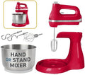 West Bend Two Sweet 2-in-1 Hand & Stand Mixer, 11 Speeds with Turbo Boost, 4.4 Qt Rotating Bowl, Dough Hooks, Beaters & Whisk, Tilt-Head Design, 550 Peak Watts, Red