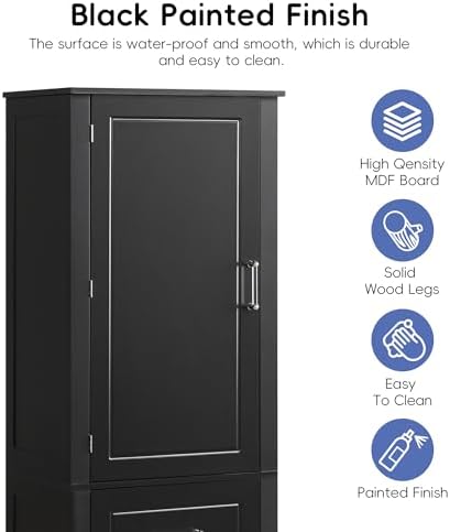 Merax 61.4" Pantry Cabinet with One Door & Two Drawers, Adjustable Shelves Storage Cupboard for Kitchen/Dining Room/Bathroom, Soild Wood Legs, Black