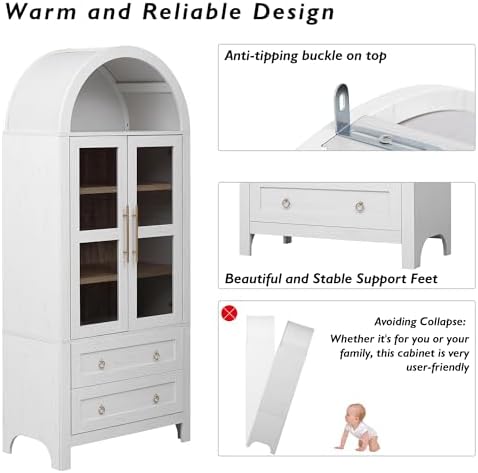 Merax 71" Tall Arched Farmhouse Pantry Cabinet with Glass Doors & 2 Large Drawers - Adjustable Shelves, Modern Kitchen Storage Cupboard for Dining Room, Living Room (30" W x 15.75" D), White
