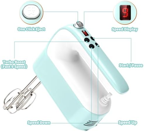 Yomelo 9-Speed Digital Hand Mixer Electric, 400W Powerful DC Motor, Hand Mixer Electric Handheld with Snap-On Storage Case, 5 Stainless Steel Accessories, Beaters, Dough Hooks, Whisk(Ice Blue/White)