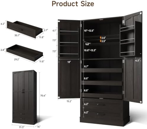 71" Tall Kitchen Pantry Cabinet, Freestanding Storage Cabinet with Drawers