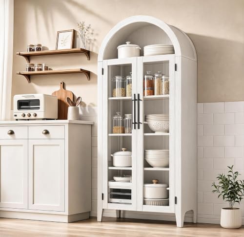Garvee Arched Cabinet with Glass Doors, 5-Tier Kitchen Pantry Cabinet with Adjustable Shelves, Farmhouse Display Storage Cabinet for Dining Room, Living Room, White
