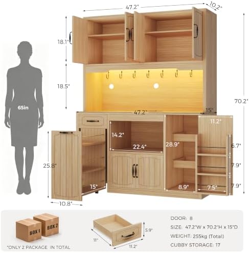 Fluted Kitchen Pantry Cabinet with Charging Station & LED Light, 47" Wide Kitchen Pantry Storage Cabinet with Countertop, Microwave & Appliance Storage, Food Pantry Cabinet for Dining Room ,Natural