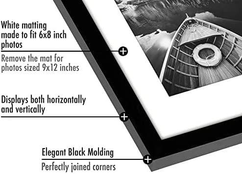 Americanflat 9x12 Picture Frame with Polished Plexiglass - Set of 5 - Use as 6x8 Frame with Mat or Display 9x12 Photo Without Mat - Galleria Collection - Picture Frames for Wall Display - Black