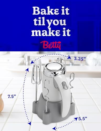 BETTY CROCKER Hand Blender 7 Speed, 250 Watt Electric Mixer with Beaters and Dough Hooks, Ergonomic Electric Hand Mixer for Home & Kitchen with Stand and Soft Touch Handle, White