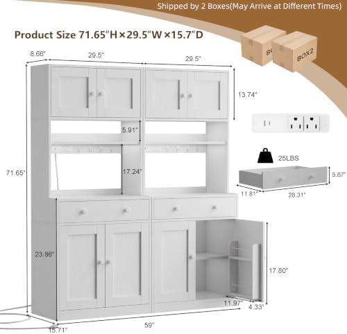 71" Tall Kitchen Pantry Cabinet with Microwave Countertop, LED Lights White