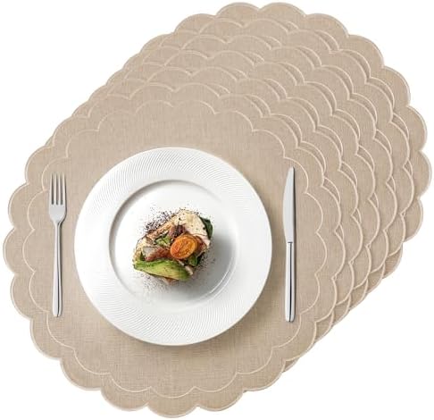 Set of 6 Cotton Linen Placemats, 15 Inch Linen Color Scalloped Flower Embroidery Cloth Table Mats Double Layered Fabric Machine Washable Wrinkle Free Dining Placemat for Hotel Restaurant Kitchen