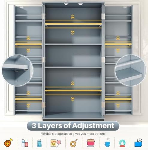 kepptory 51" Pantry Cabinet with Diamond-Patterned Doors and Golden Handles, Freestanding Kitchen Storage Cabinet with 17 Shelves, Tall Metal Base, Adjustable Feet, Grey