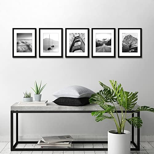 Americanflat 11x14 Picture Frame with Polished Plexiglass - Set of 5 - Use as 8x10 Frame with Mat or Display 11x14 Photo Without Mat - Galleria Collection - Picture Frames for Wall Display - Black