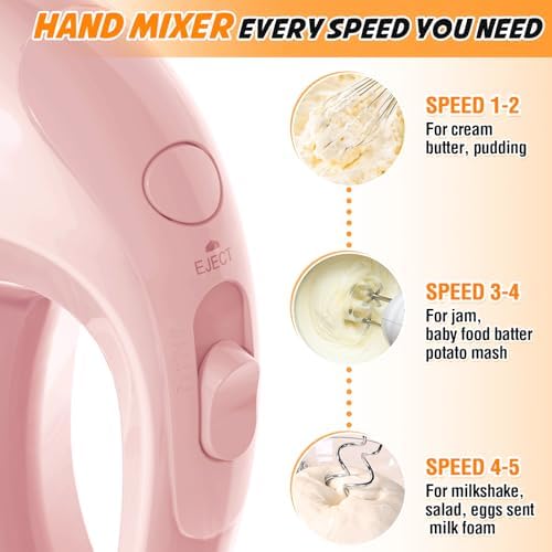 Handmixer Electric Handheld - 7 Speed Portable Kitchen Mixer Electric with 5 Stainless Steel Accessories Whisk, Food Beater for Whipping Mixing Cookies Cakes Home (CX6613-PK)