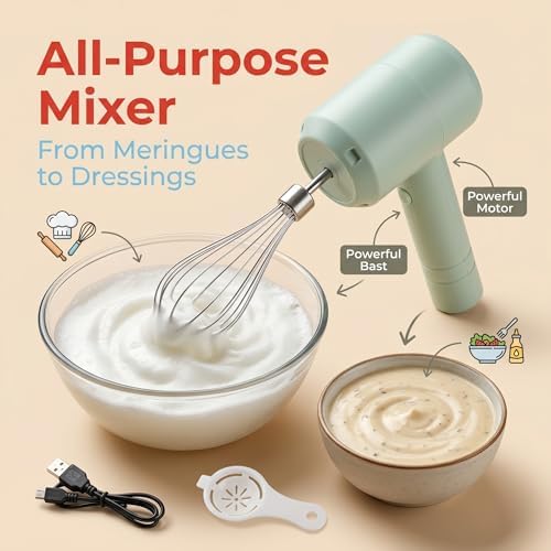 VINGVO Electric Mixer, Portable Automatic Electric Hand Mixer Handheld Mixer Cordless Hand Mixer USB Rechargeable for Baking Cake Egg Cream (Light Cyan)