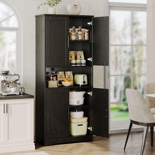 70" Tall Pantry Cabinet, Kitchen Pantry Cabinet with Doors and Adjustable Shelves, Freestanding Cupboard, Tall Storage Cabinet for Bathroom, Dining Room, Living Room, Black