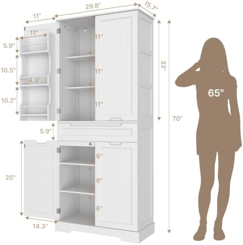 Gizoon Tall Kitchen Pantry Cabinet with Doors and Adjustable Shelves, White