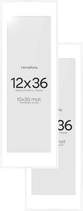 Homeforia 12x36 Picture Frame White, High End Metal 12x36 Poster Frames with Mat 10x30 inch Photo, 12 x 36 White Frames Matted to 10 by 30 Art, 36x12 Panoramic Frames, Tempered Glass, Wall Kit, Set of 2
