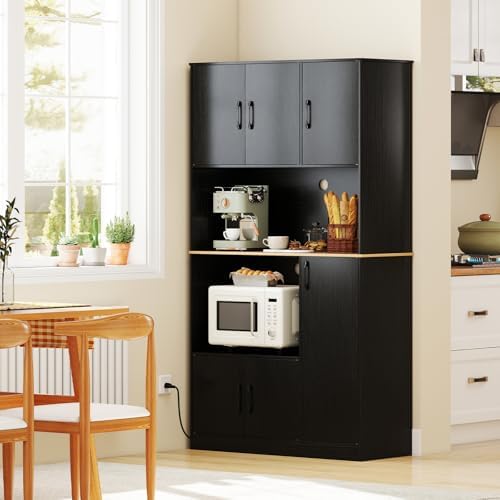 Giantex Kitchen Pantry Cabinet, 71” Tall Kitchen Hutch with Power Outlet, Wooden Microwave Stand with Large Countertop & 4 Storage Cabinets, Modern Cupboard for Kitchen, Dining Room, Coffee Bar, Black