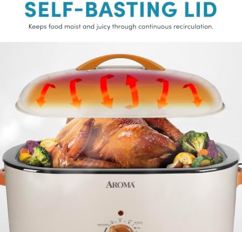 AROMA® 22Qt. Roaster Oven with Self-Basting Lid, Fits 26-lb. Turkey, Adjustable Temperature Settings, Keep Warm Setting, Stainless Steel (ART-832ST)