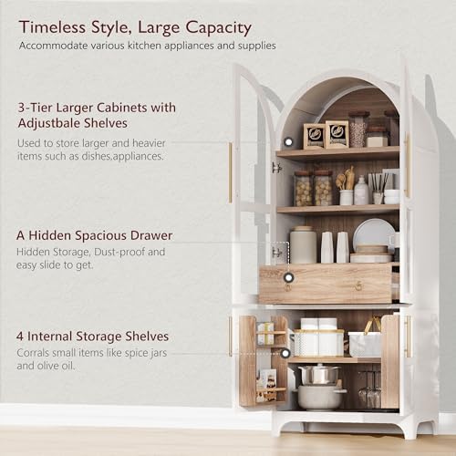 Ball & Cast Arched Kitchen Pantry Cabinet with Door Shelves,Farmhouse Cookroom Storage Cabinets W/Open & Adjustable Shelves,Glass Door & Hidden Drawer,Cupboard for Kitchen,Dining Room,White,71" Tall