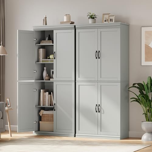 70 Inch Tall Pantry Cabinet, Wood Kitchen Storage Cabinet with 4 Doors & Adjustable Shelves, Modern White Pantry Organizer Cupboard for Dining Room, Living Room