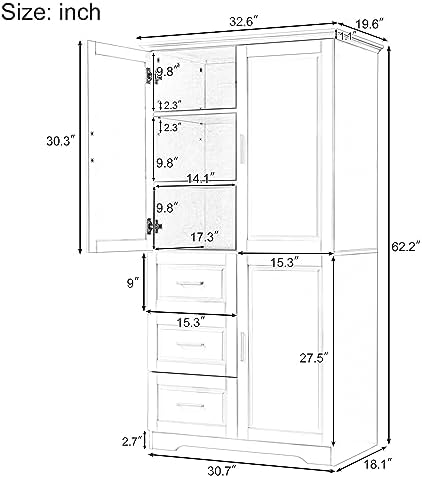 Merax 62.2" Pantry Cabinet with Three Doors & Three Drawers, Adjustable Shelves Storage Cupboard for Kitchen/Dining Room/Bathroom, Black