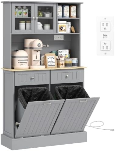 HOMCOM Kitchen Pantry with Tilt-Out Trash Can Cabinet, Power Outlet, Gray