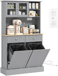 HOMCOM Kitchen Pantry with Tilt-Out Trash Can Cabinet, Power Outlet, Gray