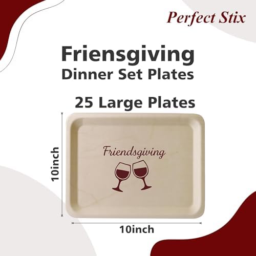 Perfect Stix 10-Inch Wooden Plates with “Friendsgiving” Printed in Burgundy – Eco-Friendly Biodegradable Disposable Dinner Plates – Fall Tableware for Thanksgiving & Friendsgiving Parties – Pack of 25