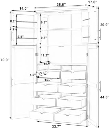 Merax 35.5x17.6x70.9 inches Freestanding Kitchen Pantry Cabinet, Tall Storage Cabinet with 4 Doors, 2 Door Shelves, 8 Pull-Out Trays and Adjustable Shelf for Dining Room, Gray